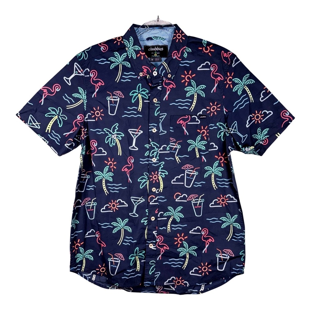 Chubbies Mens Medium Friday Shirt One Man Wolf Pack Blue Novelty Short Sleeve